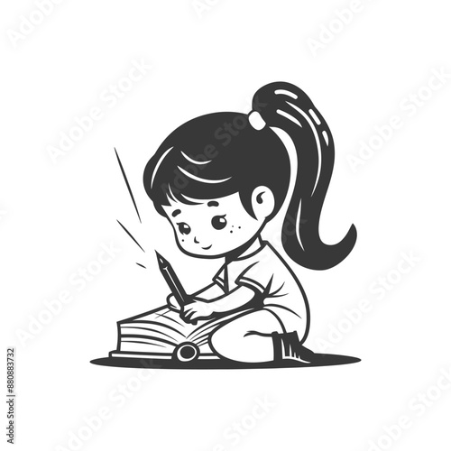 little girl writing minimalist logo or symbol black color only