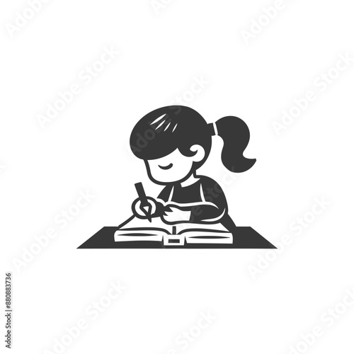 little girl writing minimalist logo or symbol black color only