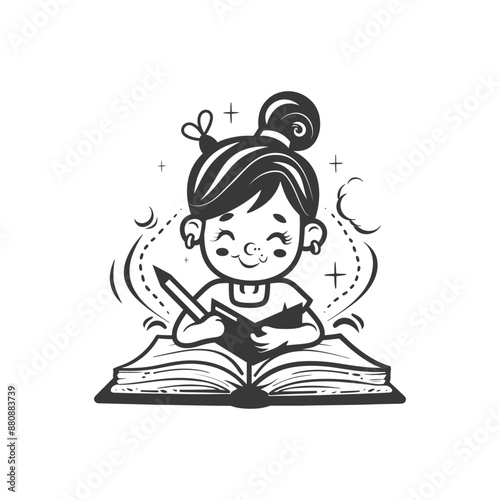 little girl writing minimalist logo or symbol black color only
