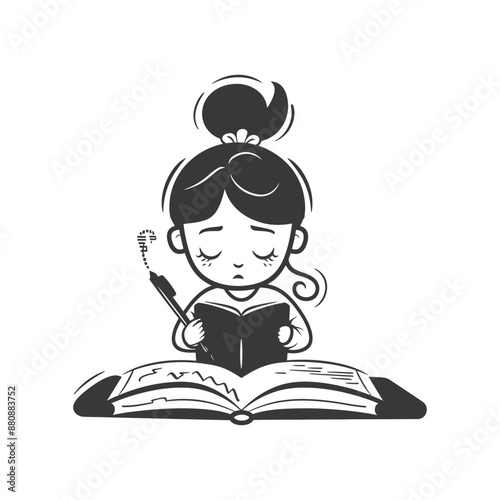 little girl writing minimalist logo or symbol black color only