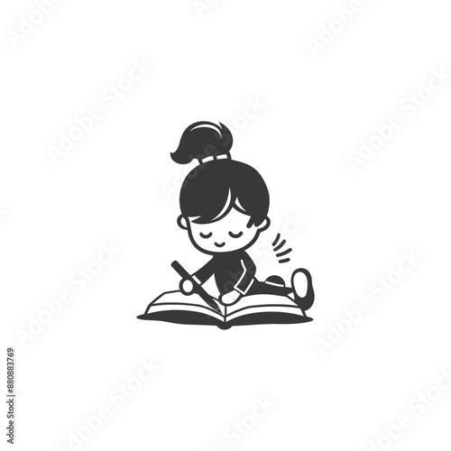 little girl writing minimalist logo or symbol black color only