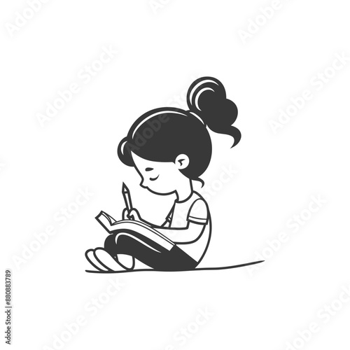 little girl writing minimalist logo or symbol black color only