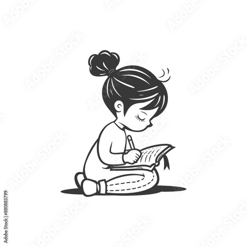little girl writing minimalist logo or symbol black color only