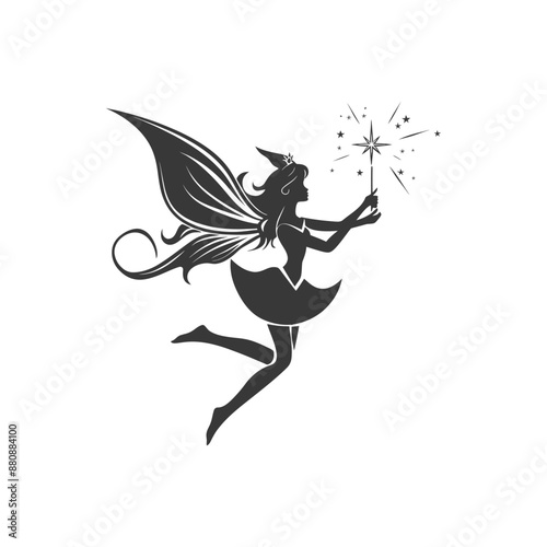 magical fairy with her wand minimalist logo or symbol black color only