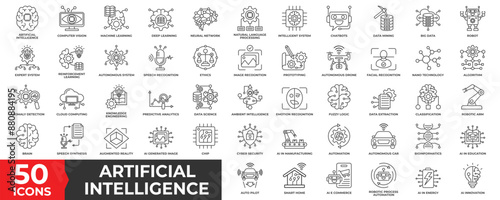 Artificial Intelligence icon set with Machine learning, digital skills, generative AI, AI technology, algorithm, robotic, cloud computing network, automation, virtual intelligence, and future