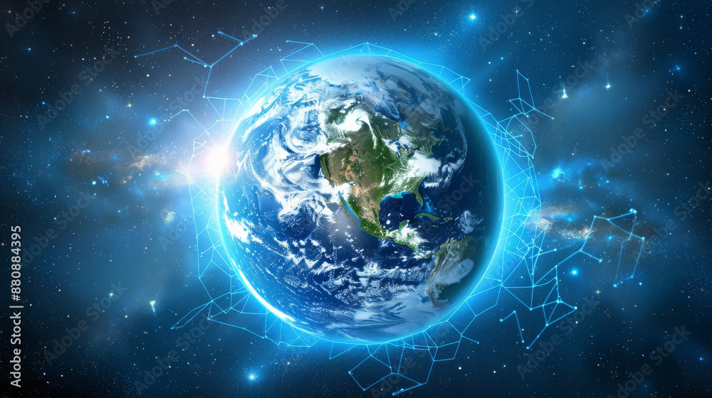 Obraz premium A vivid digital depiction of Earth surrounded by a network of glowing lines, representing global connectivity and technology in a star-studded cosmos.