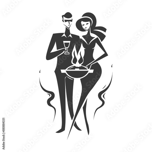 man and woman in barbeque party minimalist logo or symbol black color only