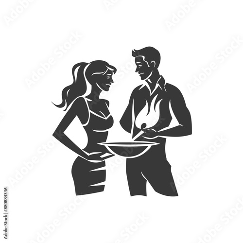man and woman in barbeque party minimalist logo or symbol black color only