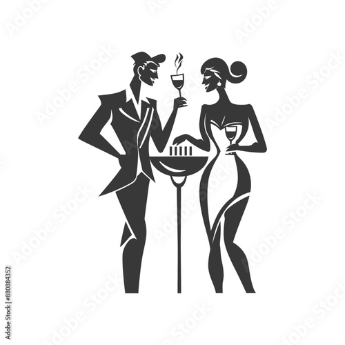 man and woman in barbeque party minimalist logo or symbol black color only