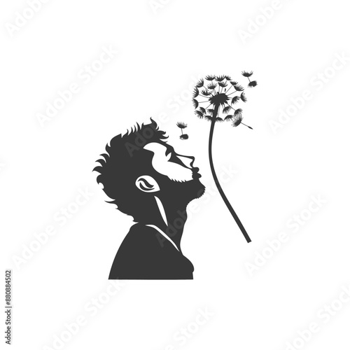 man blows dandelion minimalist logo or symbol black color only