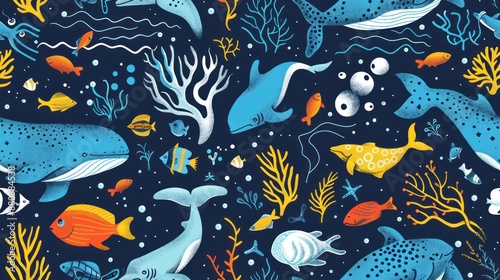 Sea Life Pattern with Whales and Fish © Iswanto