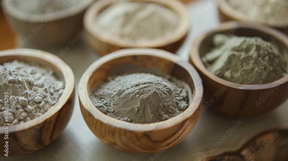 A variety of finely ground powders displayed in wooden bowls, arranged neatly, showcasing diverse textures and earth tones. A variety of finely ground powders displayed in wooden bowls, arranged neatly, showcasing diverse textures and earth tones.