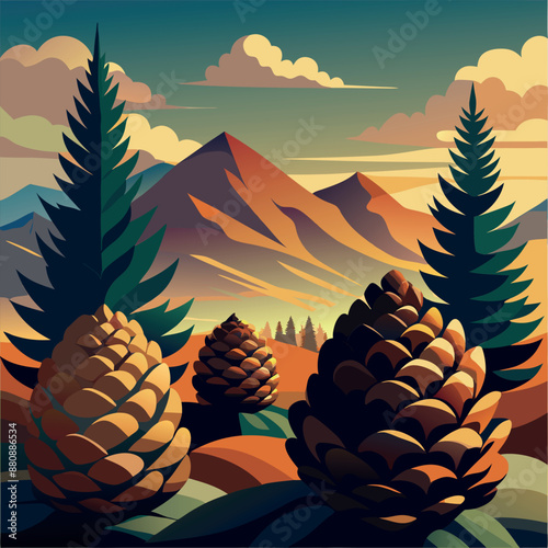 A vibrant depiction of a river surrounded by mountains and pine cones.