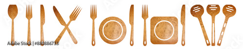 Fork, knife, spoon and plate Wooden set icons.
