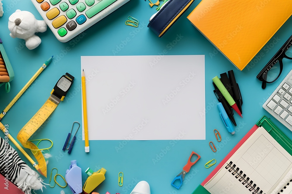 Minimalistic top view of school supplies with a blank sheet of paper on a blue table. Back-to-school concept. Minimalistic top view of school supplies with a blank sheet of paper on a blue table. Back-to-school concept.