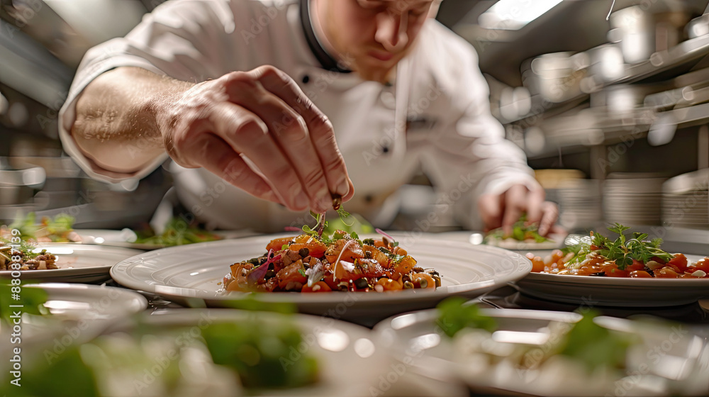 A chef preparing a gourmet dish using canned ingredients, with a focus on the final plated dish A chef preparing a gourmet dish using canned ingredients, with a focus on the final plated dish