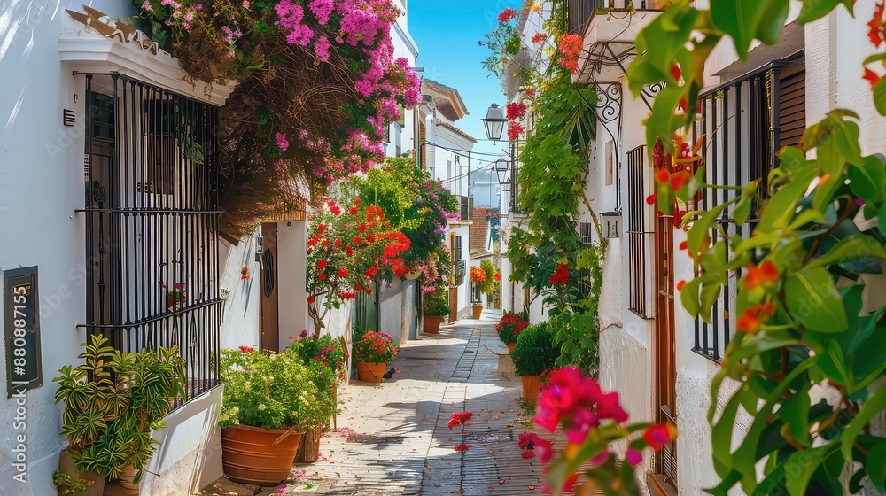 Fototapeta premium Picturesque narrow street in Spanish city old town. Typical traditional whitewashed houses with blooming plants, flowers, cobbled street in a small cozy town in Spain