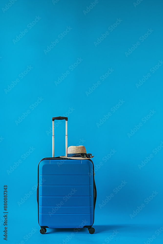 A blue suitcase stands against a vibrant blue background, with a straw hat and sunglasses resting on top, symbolizing travel and adventure. A blue suitcase stands against a vibrant blue background, with a straw hat and sunglasses resting on top, symbolizing travel and adventure.
