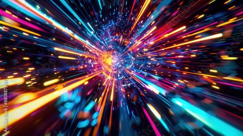Vibrant light trails penetrating through a dimensional breach, close-up view, with a detailed background, capturing speed