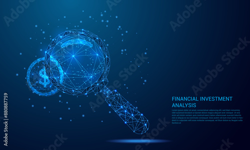 Abstract polygonal magnifying glass search money Investment or financial analysis, Searching for investment opportunities, stock market research. Dark blue Futuristic low poly and Technological.