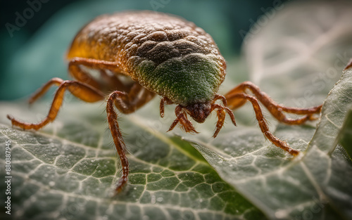 A mite moving stealthily across a leaf surface, magnified to show its intricate details photo