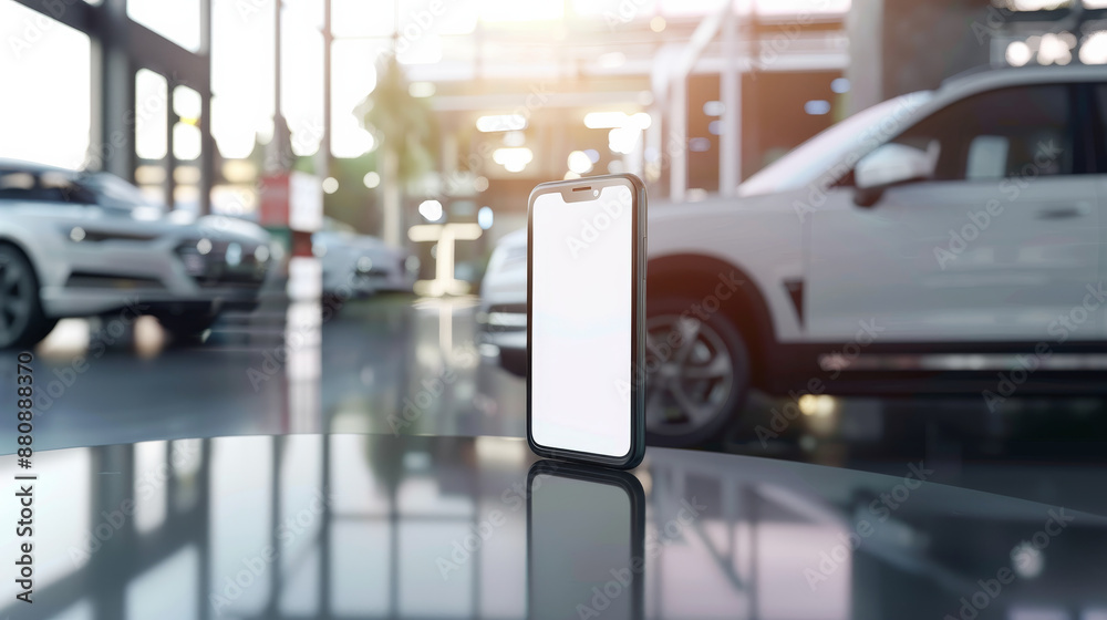 Fototapeta premium A sleek, modern smartphone with a blank screen stands on a reflective surface, amidst the elegant ambiance of a luxury car showroom.
