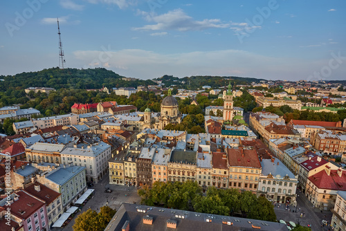 view of catholic cathedral in Ukraine, panoramic view of the city Lviv