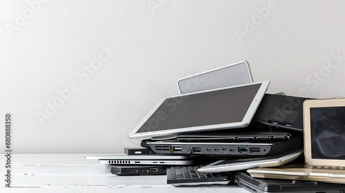 Pile of old used laptop computers and digital tablet for recycling on white table. Planned obsolescence, e-waste, electronic waste for reuse and recycle concept