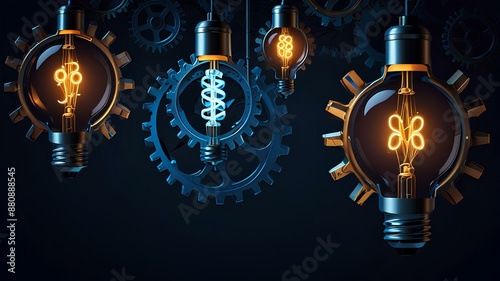 An illustration of gears and light bulbs on a dark blue background, representing innovation in digital marketing.