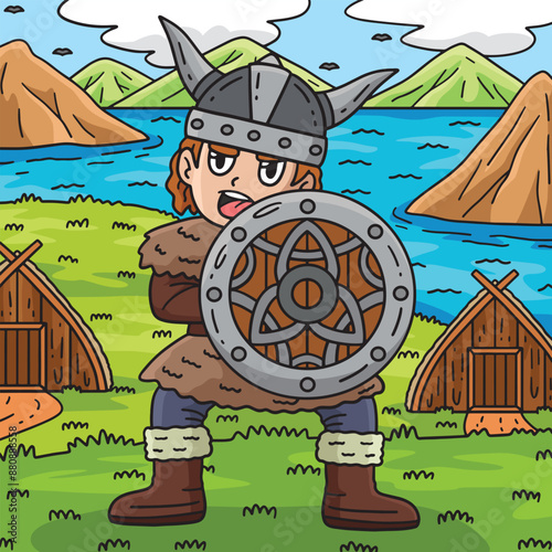 Viking with a Shield Colored Cartoon Illustration