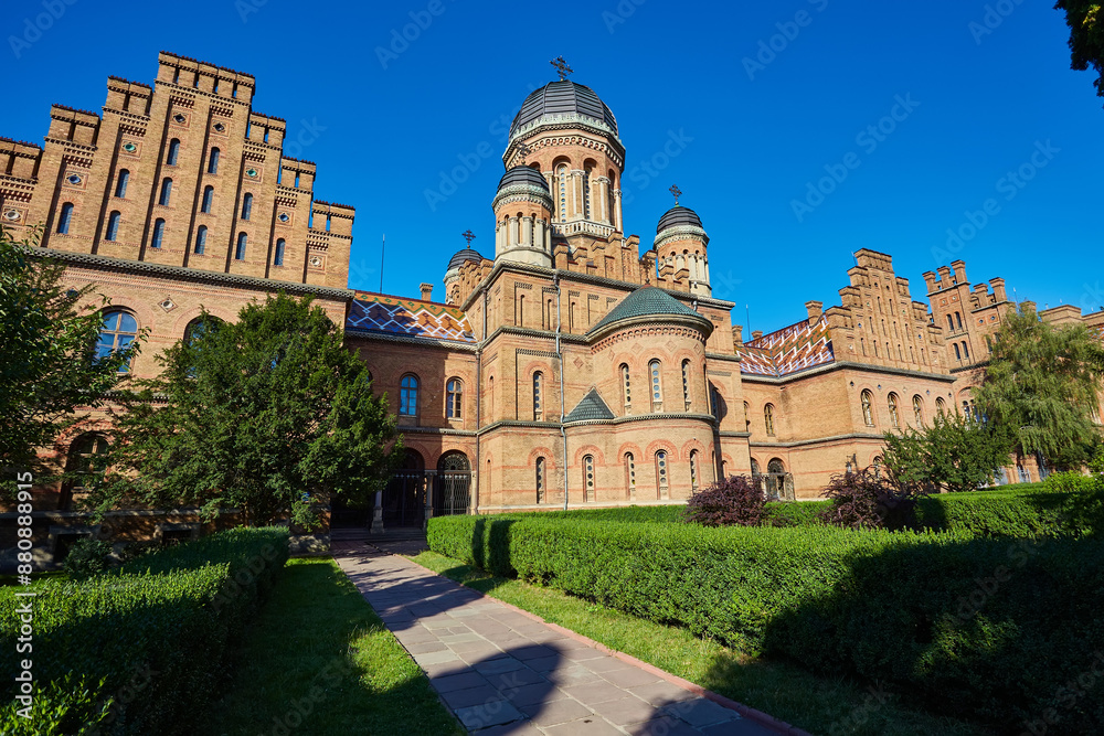 Chernivtsi National University. Metropolitans wing of ex Residence of Bukovinian and Dalmatian ones. Byzantine and Moorish architecture. Postcard style.