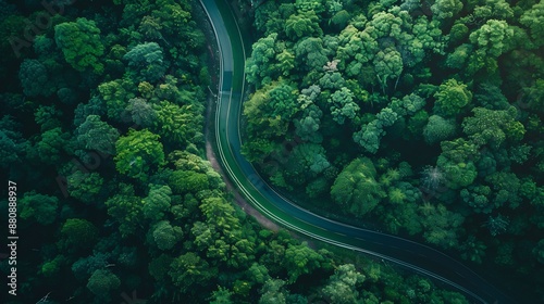 Aerial View of Winding Road Through Lush Forest