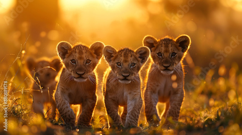 Three cute lion cubs walking through the grass in the wild
