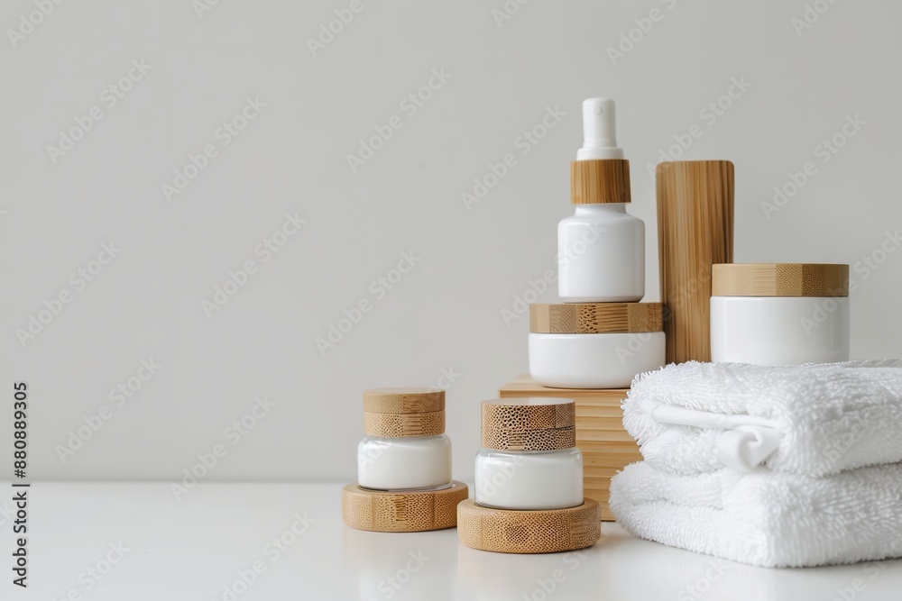 Natural skin care cosmetic tubes. Bathroom shelf with various hygiene accessories. Spa towel, different containers natural wood, brown glass. Bio beauty products. Light gray background. Shampoo, soap Natural skin care cosmetic tubes. Bathroom shelf with various hygiene accessories. Spa towel, different containers natural wood, brown glass. Bio beauty products. Light gray background. Shampoo, soap