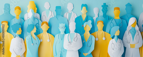 Abstract illustration of the crowd of medical worker cutting from paper. Health care concept.
