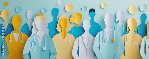 Abstract illustration of the crowd of medical worker cutting from paper. Health care concept.