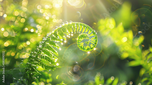 Dew-kissed fern fronds unfurl in the golden morning light, capturing the essence of hope, renewal, and growth. photo