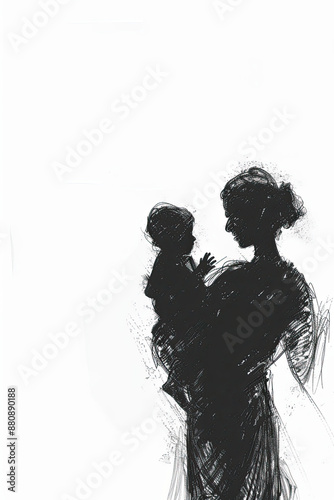 A black and white sketch of a mother holding a child