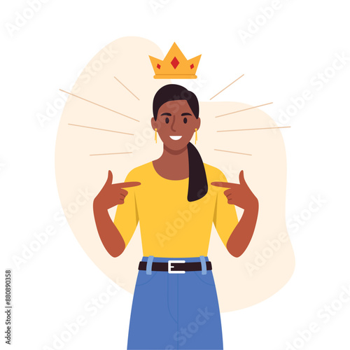 Vector illustration of a happy girl with high self-esteem.Cartoon scene of a smiling girl, confident, loves herself, golden crown above her head and pointing to herself isolated on a white background.