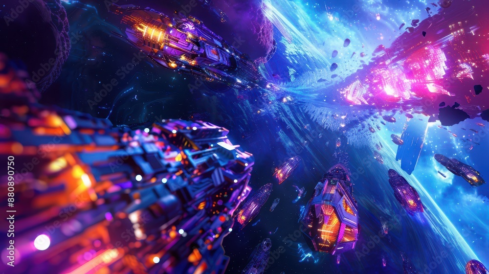 A high-tech fleet of spaceships in deep space, with a vivid, surreal background A high-tech fleet of spaceships in deep space, with a vivid, surreal background