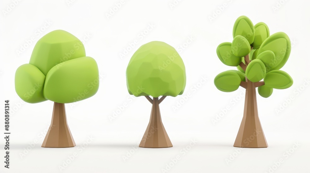 A set of 3D cartoon tree characters, front view, with a minimalist approach, isolated on a white background A set of 3D cartoon tree characters, front view, with a minimalist approach, isolated on a white background