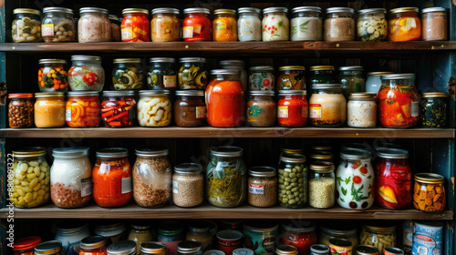 A variety of canned soups and broths displayed on a pantry shelf, highlighting different flavors