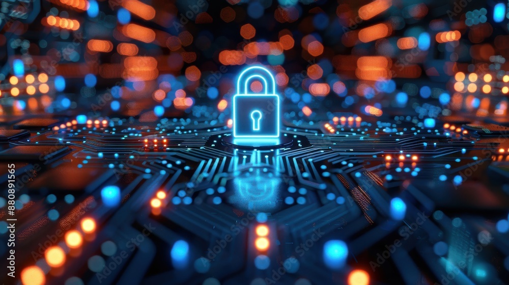 Cybersecurity interface, digital lock symbol, protective shield, advanced technology, secure data transmission, futuristic design, blue neon light Cybersecurity interface, digital lock symbol, protective shield, advanced technology, secure data transmission, futuristic design, blue neon light