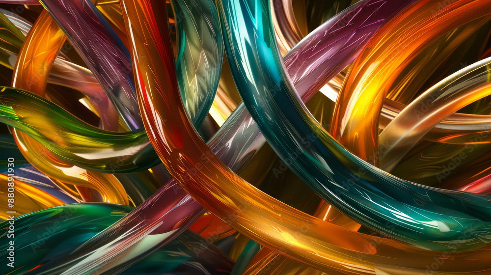 An abstract, vibrant, and colorful tangle of glass-like tubes, creating an energetic and dynamic visual experience.