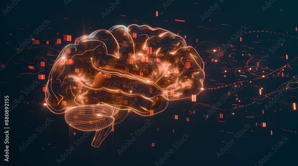 An innovative illustration featuring a brain made of circuitlike connections and glowing nodes The brain is set on a deep blue background