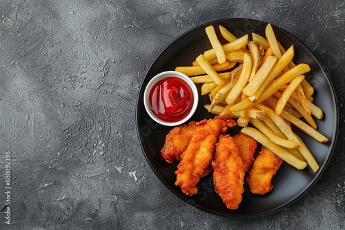 BBQ fried chicken nuggets with tomato, sour sauce. Top view of tasty hot nuggets served with ketchup on gray background. Golden deep-fried battered crispy nuggets with french fries. Potato chips pile photo