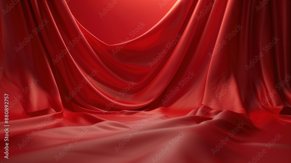 High quality 3D, studio backdrop to use for advertising with empty space for product. Background composed of red fabric curtains High quality 3D, studio backdrop to use for advertising with empty space for product. Background composed of red fabric curtains
