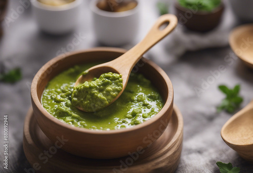 salsa verde in a stylish bowl, with a wooden spoon for serving, ad shot, copy space for text 