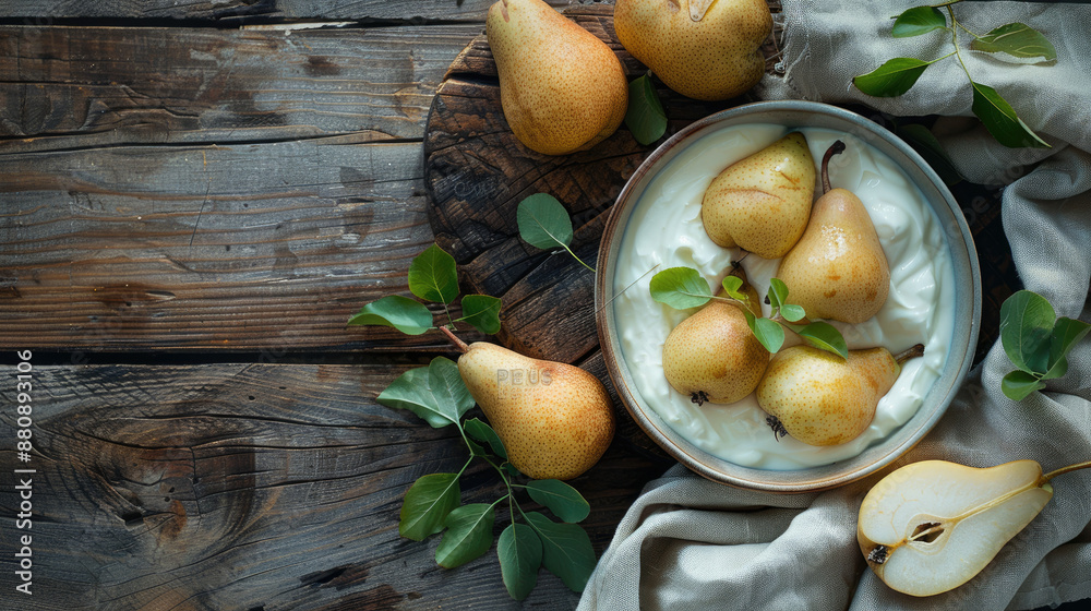 A rustic wooden table with a bowl of canned pears and fresh cream, ready to be served A rustic wooden table with a bowl of canned pears and fresh cream, ready to be served
