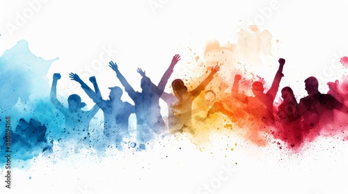 Silhouettes of people celebrating with colorful watercolor splatters in the background.